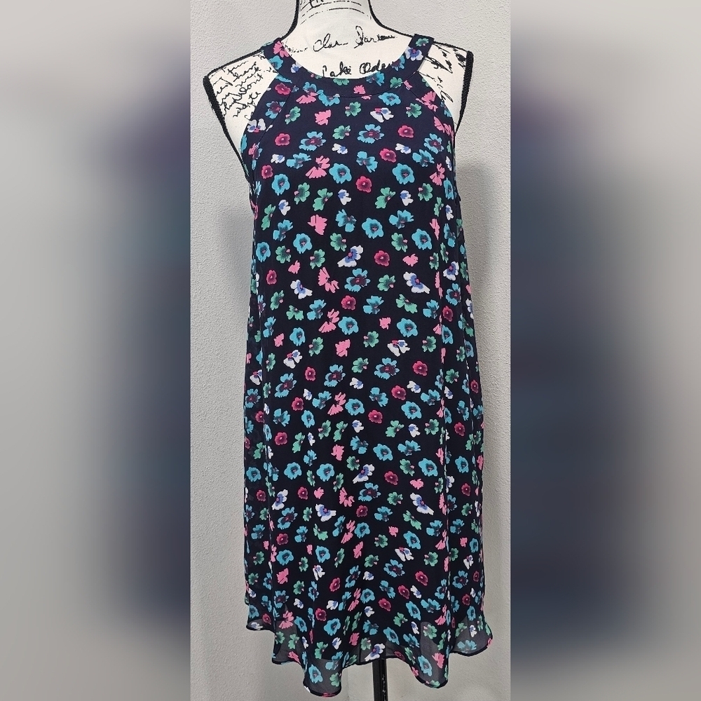 Betsey Johnson Navy Blue Pink Green Floral Halter Sleeveless Shift Dress Size 10